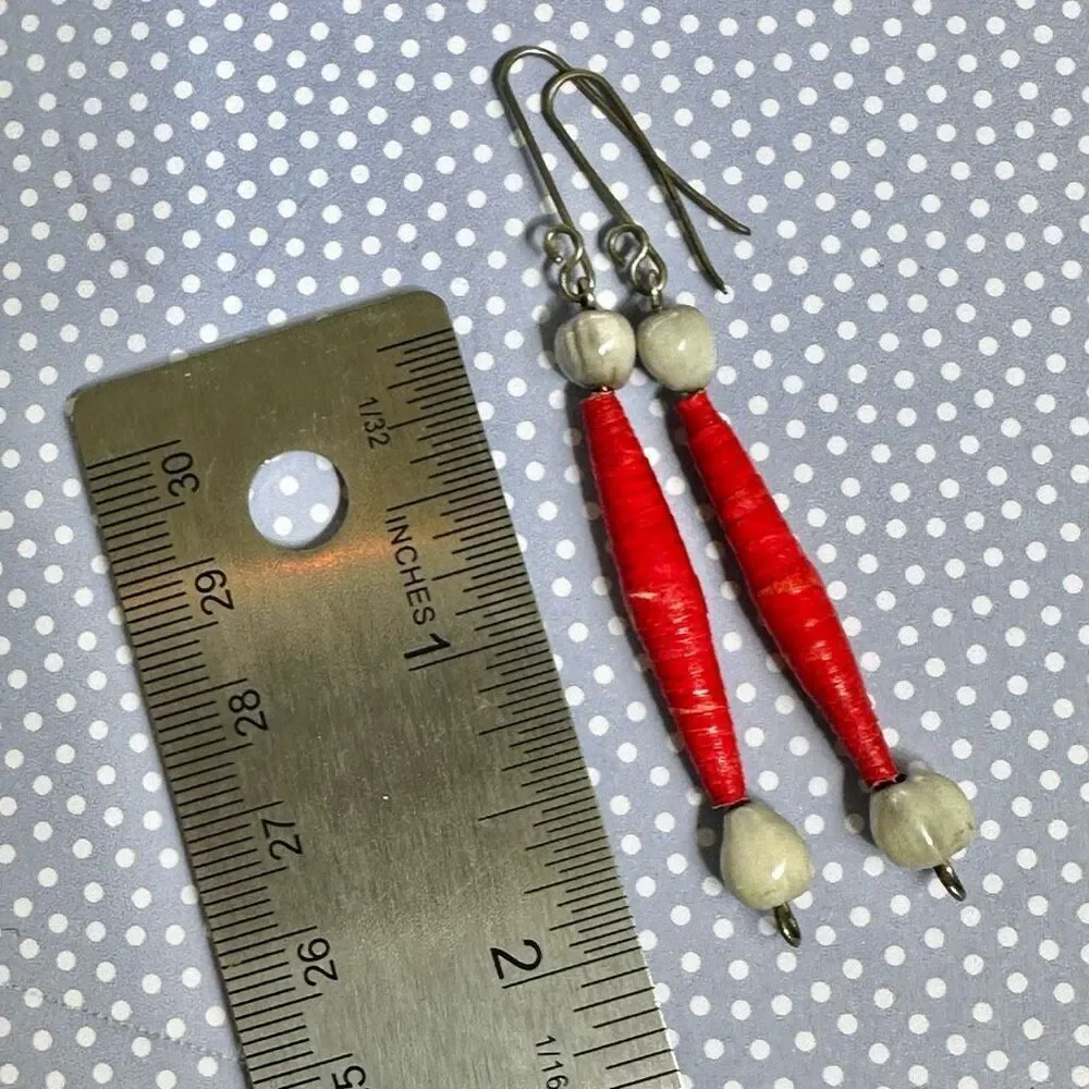 red and white paper and seed beaded earrings